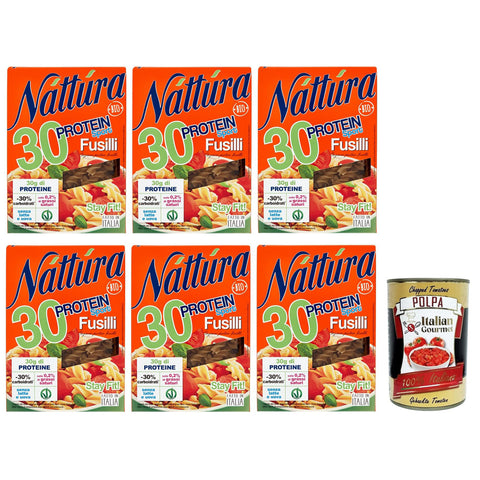 Náttúra Protein Sport Pasta Fusilli aus Biologischem Anbau,reich an Proteinen,Packung mit 250g 6x Original italienisch inkl. Italian Gourmet Polpa di Pomodoro 400g Dose