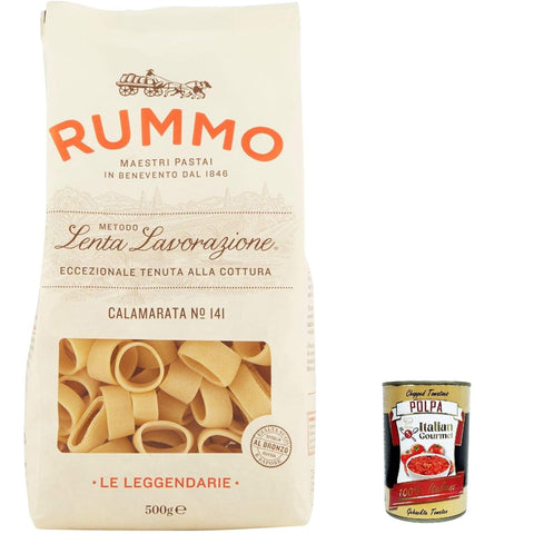 Rummo Calamarata N°141 Pasta Lenta Lavorazione Teigwaren aus Hartweizengrieß Bronze-Zeichnung 500g 8x Original italienisch inkl. Italian Gourmet Polpa 400g