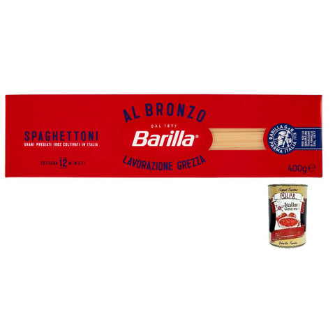 Barilla Pasta Al Bronzo Spaghettoni 100% Weizen, Bronze Zeichnung, Italienische Nudeln 400g inkl. Italian Gourmet Polpa di Pomodoro 400g Dose Original italienisch