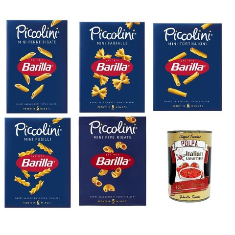 Barilla Piccolini Pasta Testpaket - MINI - FUSILLI - FARFALLE - PENNE - PIPE - TORTIGLIONI 5x 500g inkl. Italian Gourmet polpa 400g Original italienisch