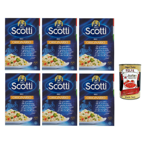 Scotti Riso Scotti Riso Originario, Italienischer Reis, Kleine und Runde Reiskörner, Vakuumverpackung 6x 500g inkl. Italian Gourmet polpa 400g Original italienisch