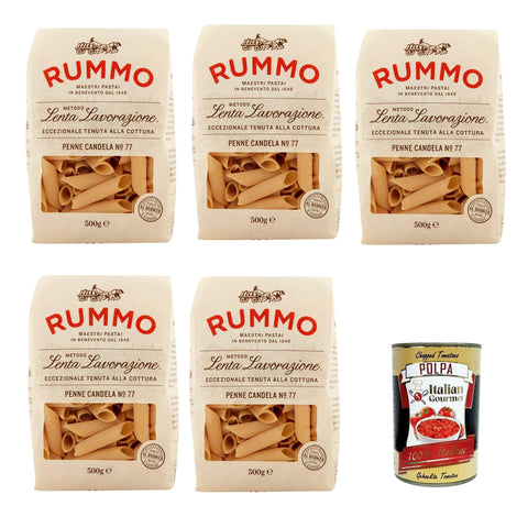 Rummo Penne Candela n° 77 Pasta Lenta Lavorazione Teigwaren aus Hartweizengrieß Bronze - Zeichnung 5x 500g inkl. Italian Gourmet polpa 400g Original italienisch