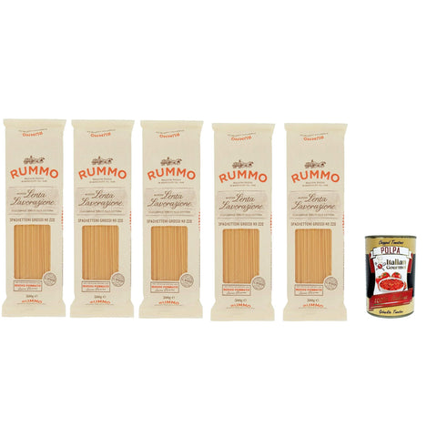 Rummo Spaghettoni grossi n° 220 Pasta Lenta Lavorazione Teigwaren aus Hartweizengrieß Bronze-Zeichnung 5x 500g Original italienisch inkl. Italian Gourmet Polpa 400g