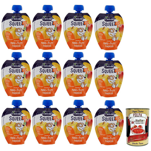 Melinda Mela & Frutti Tropicali Squeez 100% Frucht, Apfel - und Tropisches Fruchtpüree, Obst zum Auspressen 12x 90g inkl. Italian Gourmet Polpa di Pomodoro 400g Dose Original italienisch