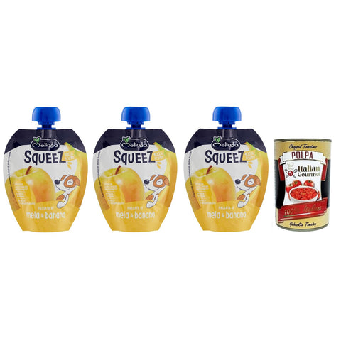 Melinda Mela Banana Squeez 100% Frucht, Apfel - und Bananenpüree, Obst zum Auspressen 3x 90g inkl. Italian Gourmet Polpa di Pomodoro 400g Dose Original italienisch