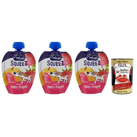 Melinda Mela Fragola Squeez 100% Frucht, Apfel - und Erdbeerpüree, Obst zum Auspressen 3x 90g inkl. Italian Gourmet Polpa di Pomodoro 400g Dose Original italienisch