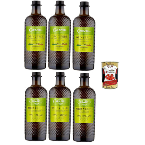 Carapelli Oro Verde Extra Natives Olivenöl, 100% Italienisch, 6 Flaschen x 1 Liter Original italienisch inkl. Italian Gourmet Polpa 400g