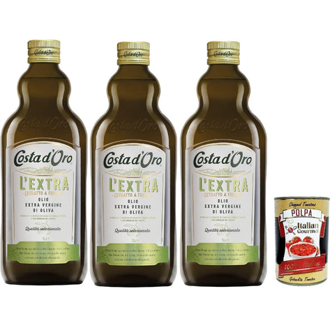 Costa d'oro Extra, die zusätzliche 1l. Kälte extrahiert extrahiertes Olivenöl extrahiert. Ausgewogener Geschmack, geeignet für alle Rezepte und als Salatgewürz, 3x 1 lt Original italienisch inkl. Italian Gourmet Polpa 400g