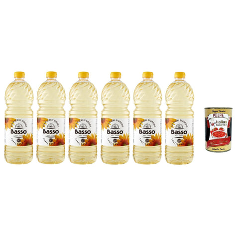Basso Sonnenblumenöl,Olio di Semi di Girasole Speiseöl 6x 1Lt PET Original italienisch inkl. Italian Gourmet Polpa 400g