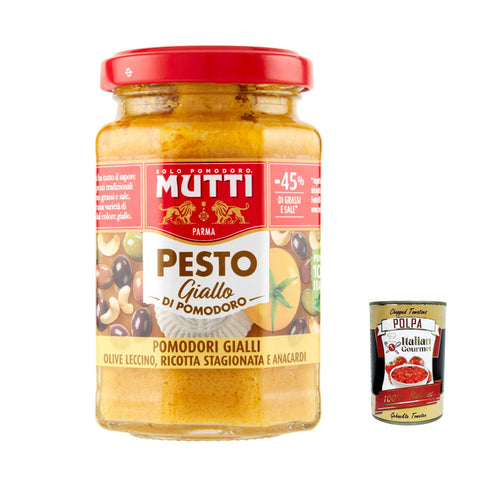 Mutti Pesto di Pomodoro giallo, Pesto mit gelben Tomaten, Oliven, erfahrener Ricotta und Anacardi 190g 12x Original italienisch inkl. Italian Gourmet Polpa 400g