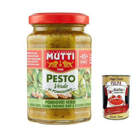 Mutti Pesto Verde Pomodori Verdi Grünes Tomatenpesto Pasta Sauce 100% italienische Tomate Glas 180g Würzsaucen mit Cashewnüssen, Grana Padano und Pecorino Romano 6x Original italienisch inkl. Italian Gourmet Polpa 400g