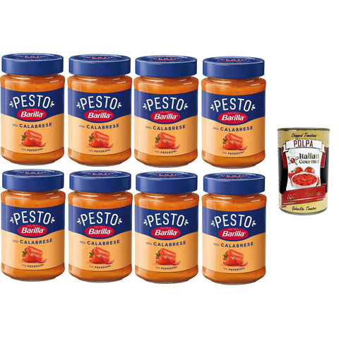 Barilla Pesto Alla Calabrese con Peperoni Condimento e Sugo per Pasta Kalabrisches Pesto mit Paprikagewürz und Pastasauce 8x190gr inkl. Italian Gourmet polpa 400g Original italienisch