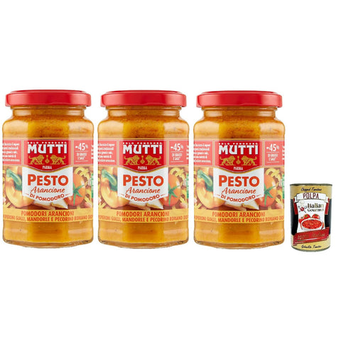 Mutti Pesto arancione di pomodoro, - 45% des Fetts, Pesto mit gelben Kirschtomaten, Mandeln und Pecorino - Käse 3x 180g inkl. Italian Gourmet polpa 400g Original italienisch