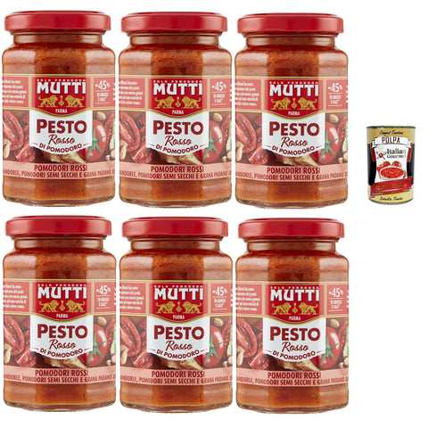 Mutti Pesto Rosso Pomodori Rossi Rotes Tomatenpesto Pasta Sauce 100% Tomate Glas Würzsaucen mit Mandeln, Tomaten, getrockneten Samen und Grana Padano 6x 180g inkl. Italian Gourmet polpa 400g Original italienisch