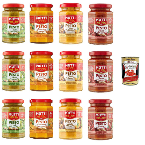 Mutti Pesto Testpaket Pomodori Tomatenpesto Pasta Sauce 100% italienische Tomate Glas 12x 180g Würzsaucen mit Cashewnüssen, Grana Padano und Pecorino Romano Original italienisch inkl. Italian Gourmet Polpa 400g