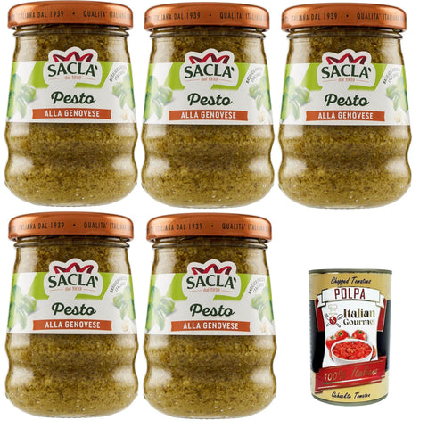 Saclà genuesisches Pesto, Gewürz für Pasta und zur Bereicherung Ihrer Gerichte, mit frischem italienischen Basilikum, Glas, 5x90g Original italienisch inkl. Italian Gourmet Polpa 400g