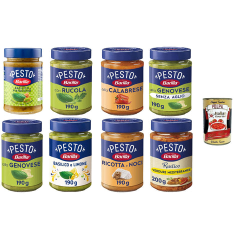 Barilla Sugo Pesto Megapack, genovese, senz'aglio, mediterraneo, alla calabrese, limone, pistacchio, rucola, ricortta e noci, Glutine frei 8x 190g inkl. Italian Gourmet polpa 400g Original italienisch