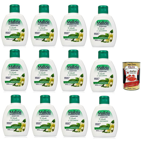 Malizia Detergente Intimo tè Verde e Gelsomino Rinfrescante Intimate Cleanser Grüner Tee und erfrischender Jasmin 12x200 ml Original italienisch inkl. Italian Gourmet Polpa 400g