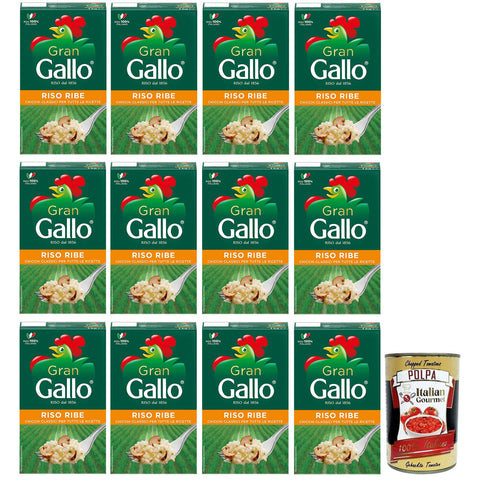 Gran Gallo Riso Ribe, 100% Reis, ideal für jede Art von Rezept, Kochzeit 15 Minuten, Packung mit 12x 1Kg inkl. Italian Gourmet Polpa di Pomodoro 400g Dose Original italienisch