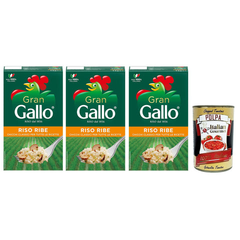Gran Gallo Riso Ribe,100% Italienischer Reis, ideal für jede Art von Rezept,Kochzeit 15 Minuten,Packung mit 1Kg 3x Original italienisch inkl. Italian Gourmet Polpa di Pomodoro 400g Dose