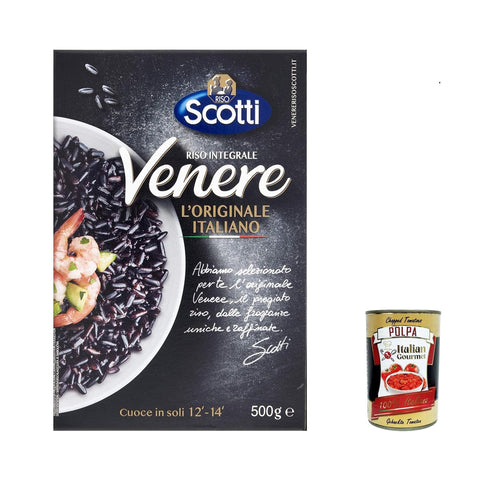 Riso Scotti Venere Integrale, Schwarzer Reis, gewachsen in Italien, Vollkorn, 500 g, reich an Ballaststoffen und Antioxidantien, vakuumverpackt 3x Original italienisch inkl. Italian Gourmet Polpa 400g