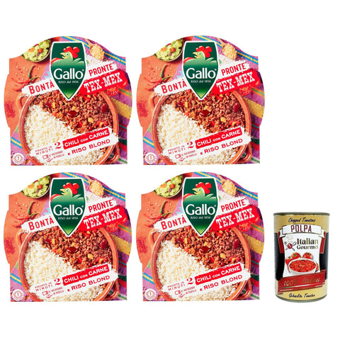 Riso Gallo Bontà Pronte Tex - Mex Chili con Carne, Vorgekochte Zubereitung auf Basis von Parboiled - Reis, Bohnen, Fleisch und Paprika 4x 220g inkl. Italian Gourmet Polpa di Pomodoro 400g Dose Original italienisch