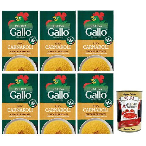 Gallo Riso Riserva Carnaroli, 100% Reis, Kochzeit 15 Minuten, Ideal für Risottos, Packung mit 6x 1Kg inkl. Italian Gourmet Polpa di Pomodoro 400g Dose Original italienisch