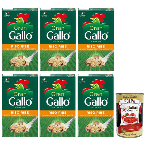 Gran Gallo Riso Ribe,100% Italienischer Reis, ideal für jede Art von Rezept,Kochzeit 15 Minuten,Packung mit 1Kg 6x Original italienisch inkl. Italian Gourmet Polpa di Pomodoro 400g Dose
