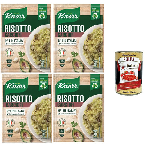 Knorr Artischockenrisotto, fertiges Risotto mit natürlichen Zutaten, 100% Reis und al dente Chicci, zubereitet in der Pfanne oder in der Mikrowelle 4x175 g inkl. Italian Gourmet Polpa 400g Original italienisch