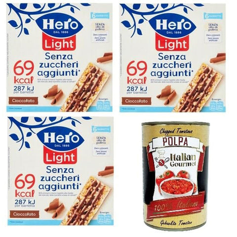 Hero Light Barrette al Cioccolato Senza zuccheri aggiunti Schokoriegel ohne Zuckerzusatz 3x 120gr inkl. Italian Gourmet polpa 400g Original italienisch