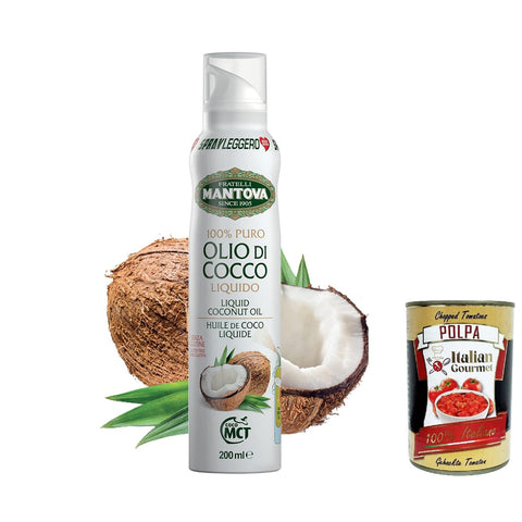Mantova SPRAYLEGGERO 100% Kokosöl - Spray 200 ml - durch die Praktische Sprühflasche Können Sie bis zu 90% des Öls Einsparen + Italianm Gourmet polpa 3x 400g Original italienisch