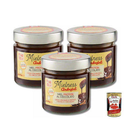 Mielness Miel Protein Crema Proteica con Miele Ambrosoli e Cioccolato 220g, Proteincreme mit Honig und Schokolade 3x220g inkl. Italian Gourmet polpa 400gr Original italienisch