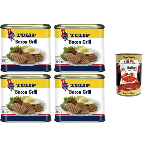Tulip Bacon Grill Schweinefleischkonserven mit Speckgeschmack 4x 250gr Original italienisch inkl. Italian Gourmet Polpa 400g