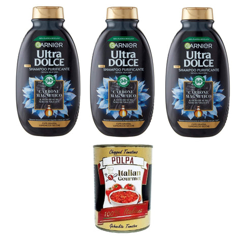G. Ultra Dolce Shampoo Purificante e Idratante Carbone Magnetico, Reinigendes und feuchtigkeitsspendendes magnetisches Aktivkohle - Shampoo 3x250 ml inkl. Italian Gourmet polpa 400g Original italienisch
