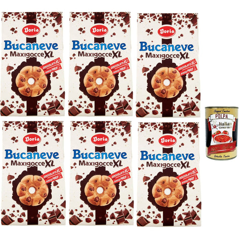 Doria Bucaneve Maxigocce XL Frollini con Gocce di Cioccolato Kekse mit Schokoladentropfen Biscuits Cookie 6x 300g Ideal für Ihr Frühstück oder Ihren Snack Original italienisch inkl. Itlaian Gourmet Polpa 400g