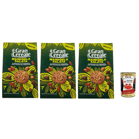 Mulino Bianco Gran Cereale, Biscotti con Mandorla Salata e Cioccolato Fondente con Fave dell'Ecuador, Kekse mit Gesalzener Mandel und dunkle Schokolade 3x 280g inkl. Italian Gourmet polpa 400g Original italienisch