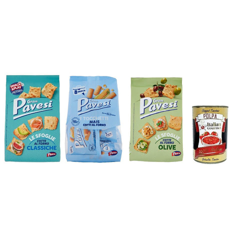 Gran Pavesi Sfoglie Tocchetti di mas Testpaket Cracker im Ofen gebacken knusprig Salzgebäck snack 2x 180 gr - 1x 256g Original italienisch inkl. Italian Gourmet Polpa 400g