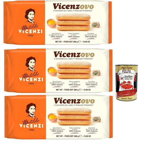 Matilde Vicenzi Savoiardi Vicenzovo, Traditionelle, einfache und leichte Kekse, hergestellt mit 26% frischen Eiern, Zucker und Mehl, 3x 300 g Original italienisch inkl. Italian Gourmet Polpa 400g