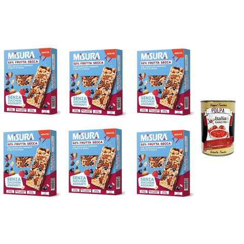 Misura Protein Bar, mit Trockenfrüchten, dunkler Schokolade und Beeren, Ohne Zuckerzusatz, 6x 120g, Reich an Ballaststoffen und Gemüseproteinen Original italienisch inkl. Italian Gourmet Polpa 400g