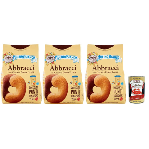 Mulino Bianco Abbracci Biscotti con Cacao e Panna Fresca, Kekse mit Kakao und frische Sahne, bisvuits cookies 3x 350 g Original italienisch inkl. Italian Gourmet Polpa 400g