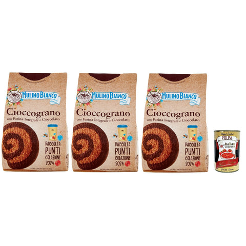 Mulino Bianco Cioccograno Biscotti con Farina Integrale e Cioccolato, Kekse mit Vollkornmehl und Schokolade, biscuits, cookies, 3x 330g Original italienisch inkl. Italian Gourmet Polpa 400g