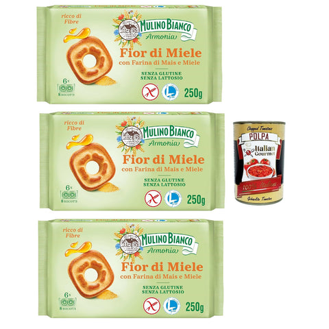 Mulino Bianco Fior di Miele Biscotti Frollini, Kekse mit Millefiori Honig, gluten free biscuits mit Maismehl, Laktose -freier, Gluten und Palmöl, Mulino Armonia, 3x 250g Original italienisch inkl. Italian Gourmet Polpa 400g