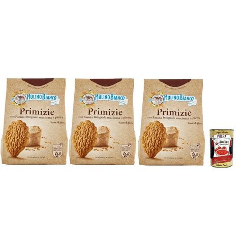 Mulino Bianco Primizie Biscotti con Farina Integrale Macinata a Pietra, Kekse mit 100% vollem Mehl, Frühstück voller Faser und Geschmack, 3x 700g Original italienisch inkl. Italian Gourmet Polpa 400g