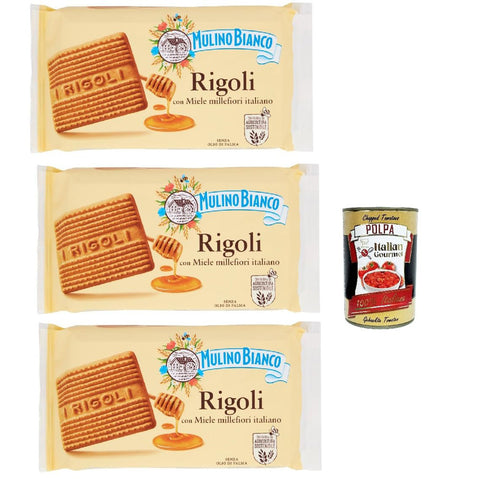 Mulino Bianco Rigoli Biscotti con Miele Millefiori Italiano, Kekse mit italienischem Millefiori-Honig, biscuits cookies, 3x 400 g Original italienisch inkl. Italian Gourmet Polpa 400g