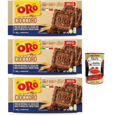 ORO SAIWA Cioccoro, Vollkorn-Kakao-Shortbread kekse mit Schokoladenstückchen und Haferflocken, Ballaststoffquelle, cookies mit 100 % italienischer Weizen, 3x 300 g Original italienisch inkl. Italian Gourmet Polpa 400g