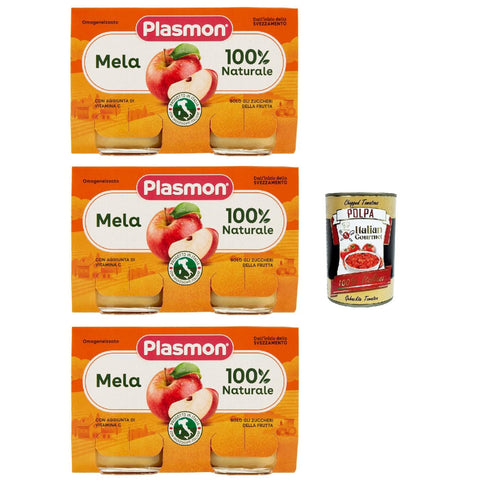 Plasmon Frutta Mela 3x (2x104g) Nur mit italienischen Äpfeln, 100% natürlich, mit Zugabe von Vitamin C Original italienisch inkl. Italian Gourmet Polpa 400g