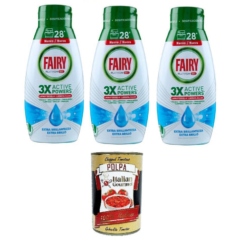 Fairy Geschirrspülgel Platinum Extra Shine, Meeresbrise - Geschirrspülmittel, 28 Waschgänge 3x 504 ml inkl. Italian Gourmet polpa 400g Original italienisch