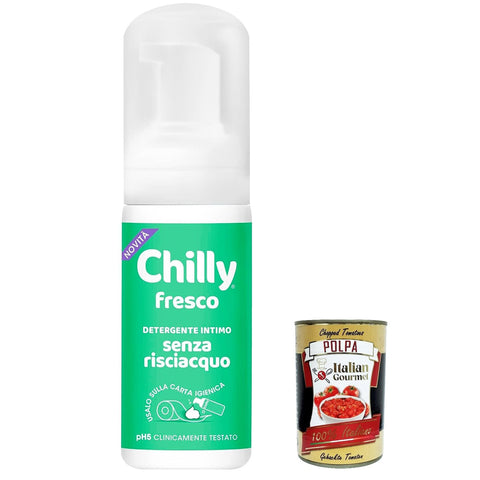 Chilly Senza Risciacquo, frischer Intimreiniger ohne Ausspülen, zur Verwendung außerhalb des Hauses auf Toilettenpapier, pH5-Mousse-Formel 100 ml 6x Original italienisch inkl. Italian Gourmet Polpa 400g