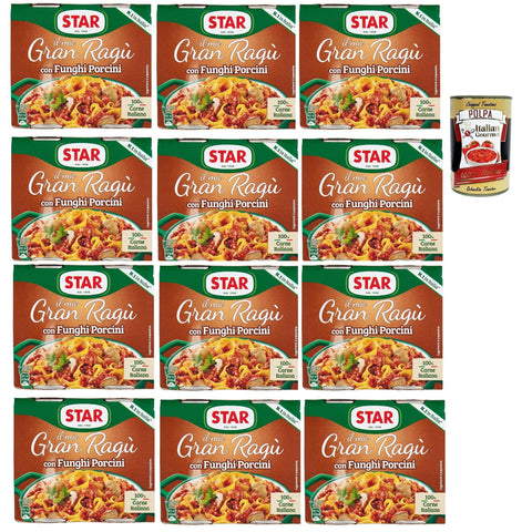 Star Il mio Gran ragù 'Con Funghi Porcini', ragu sauce mit Steinpilzen, N.1 in Italien, mit 100% italienischem Fleisch, 12 Packung mit 2 Dosen à 180g Original italienisch inkl. Italian Gourmet Polpa 400g