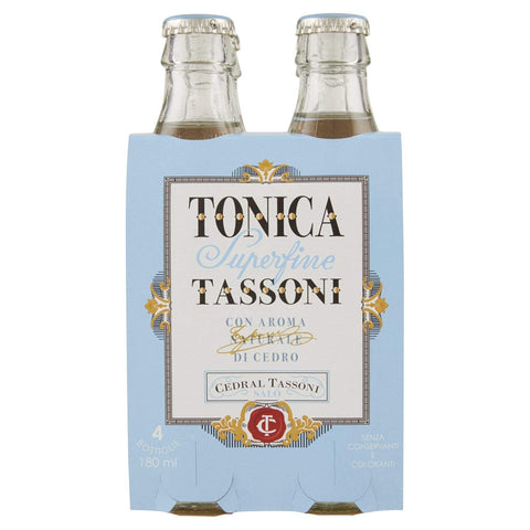 Tassoni Tonica Superfine con Aroma Naturale di Cedro Kohlensäurehaltiges Erfrischungsgetränk Tonic Water mit natürlichem Zedernaroma Glasflasche (4 x 18cl) Original italienisch